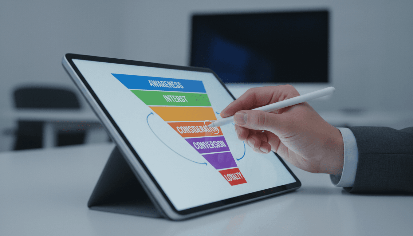Close-up of a hand optimizing a conversion funnel on a tablet