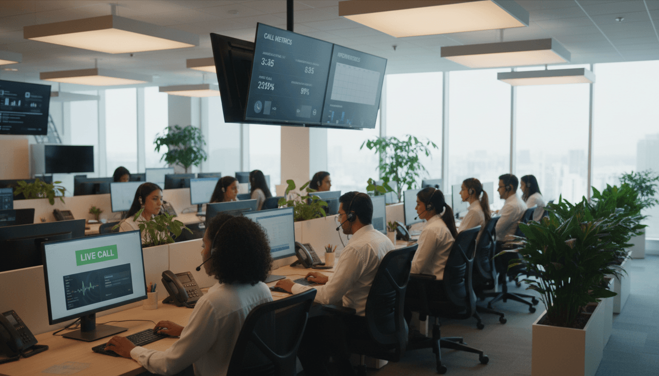 Equipo de consultores en un centro de contacto moderno en Bogotá