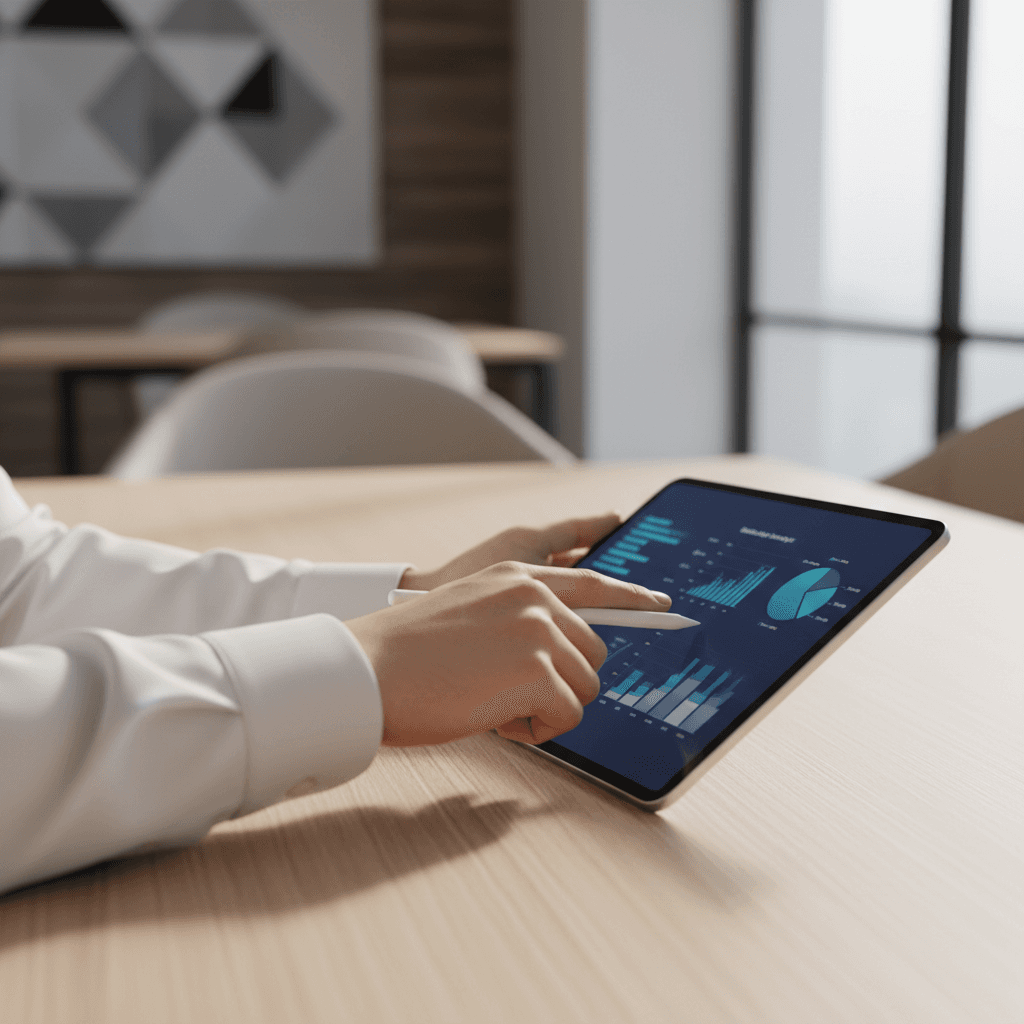 Consultor comercial analizando datos en una tableta