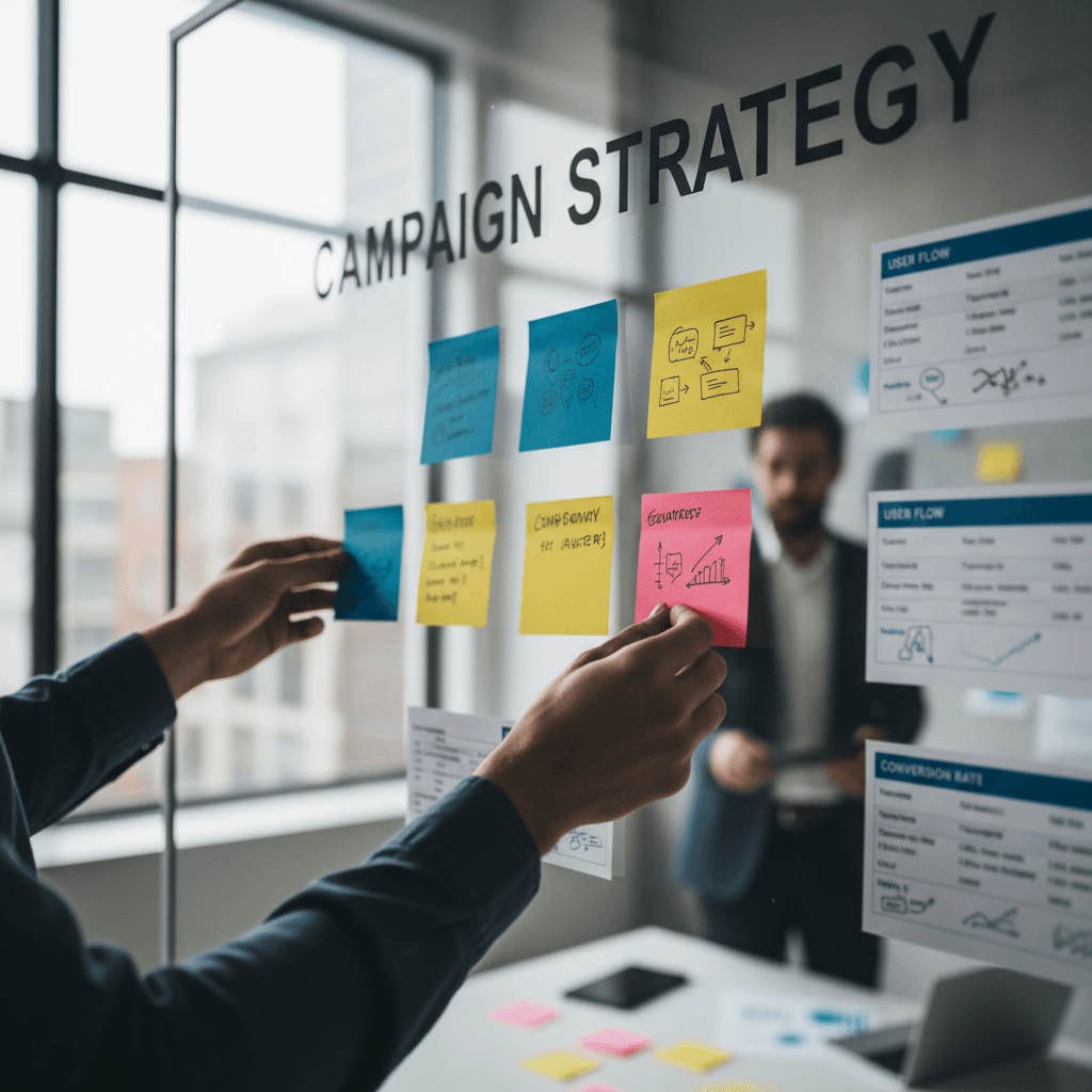 Marketing strategist's hands arranging colorful sticky notes and data cards on glass whiteboard during collaborative brainstorming session