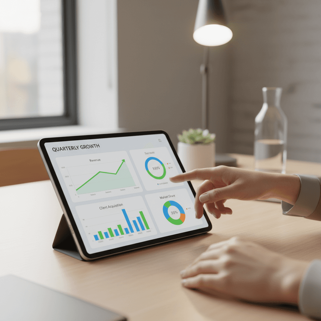 Consultor analizando métricas de ventas en una tableta
